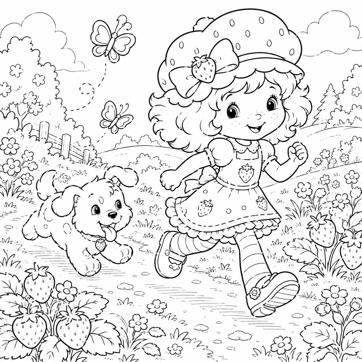 Strawberry Shortcake with Pupcake the Dog coloring page running in meadow path